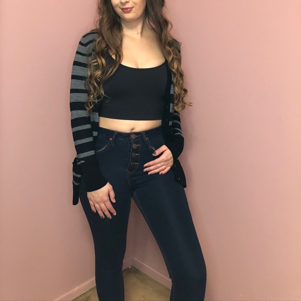 Gray and Black Horizontal Striped Cardigan